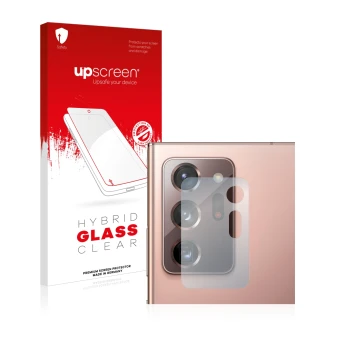 Parte frontal de un envase de producto con el logotipo de la marca upscreen. Al lado se muestra el dispositivo Samsung Galaxy 