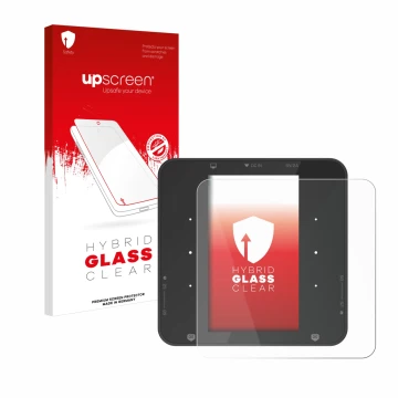 Parte frontal de un envase de producto con el logotipo de la marca upscreen. Al lado se muestra el dispositivo ISDT P30 con su