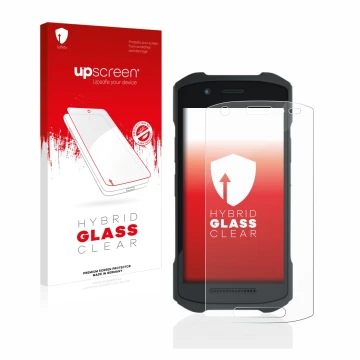 Parte frontal de un envase de producto con el logotipo de la marca upscreen. Al lado se muestra el dispositivo Zebra TC21 con 