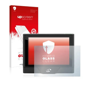 Parte frontal de un envase de producto con el logotipo de la marca upscreen. Al lado se muestra el dispositivo Coyote UP con s