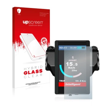 Parte frontal de un envase de producto con el logotipo de la marca upscreen. Al lado se muestra el dispositivo Bafang 850c con