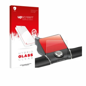 Parte frontal de un envase de producto con el logotipo de la marca upscreen. Al lado se muestra el dispositivo Motocaddy M5 GP