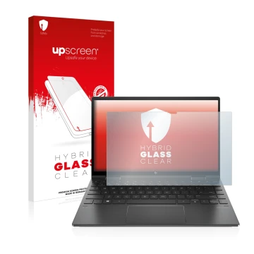 Parte frontal de un envase de producto con el logotipo de la marca upscreen. Al lado se muestra el dispositivo HP Envy x360 (1