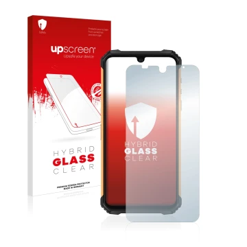 Parte frontal de un envase de producto con el logotipo de la marca upscreen. Al lado se muestra el dispositivo Ulefone Armor 8