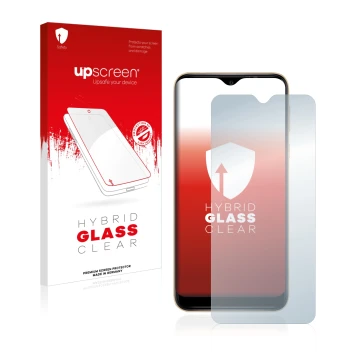 Parte frontal de un envase de producto con el logotipo de la marca upscreen. Al lado se muestra el dispositivo Wiko Y81 con su