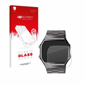 Parte frontal de un envase de producto con el logotipo de la marca upscreen. Al lado se muestra el dispositivo Casio A168WEGG-