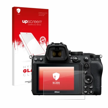Parte frontal de un envase de producto con el logotipo de la marca upscreen. Al lado se muestra el dispositivo Nikon Z 5 con s