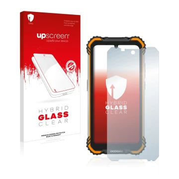 Parte frontal de un envase de producto con el logotipo de la marca upscreen. Al lado se muestra el dispositivo Doogee S58 Pro 