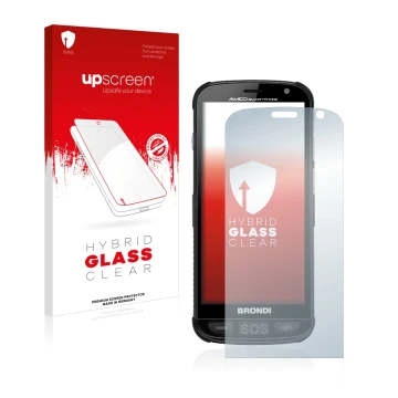 Parte frontal de un envase de producto con el logotipo de la marca upscreen. Al lado se muestra el dispositivo Brondi Amico co