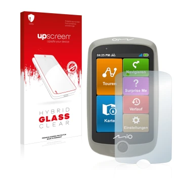 Parte frontal de un envase de producto con el logotipo de la marca upscreen. Al lado se muestra el dispositivo Mitac Mio Cyclo