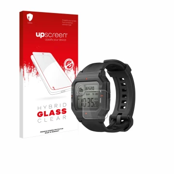Parte frontal de un envase de producto con el logotipo de la marca upscreen. Al lado se muestra el dispositivo Huami Amazfit N