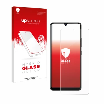 Parte frontal de un envase de producto con el logotipo de la marca upscreen. Al lado se muestra el dispositivo Samsung Galaxy 
