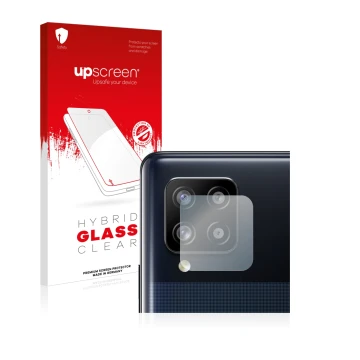 Parte frontal de un envase de producto con el logotipo de la marca upscreen. Al lado se muestra el dispositivo Samsung Galaxy 