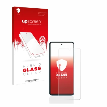 Parte frontal de un envase de producto con el logotipo de la marca upscreen. Al lado se muestra el dispositivo Xiaomi Poco X3 