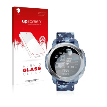 Parte frontal de un envase de producto con el logotipo de la marca upscreen. Al lado se muestra el dispositivo Honor Watch GS 