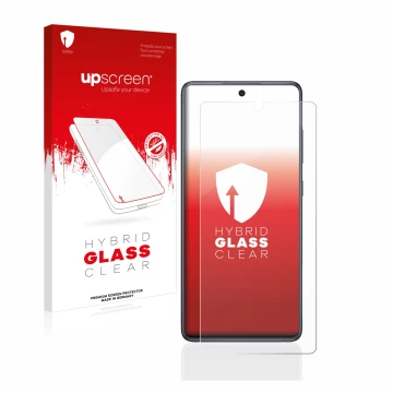 Parte frontal de un envase de producto con el logotipo de la marca upscreen. Al lado se muestra el dispositivo Samsung Galaxy 