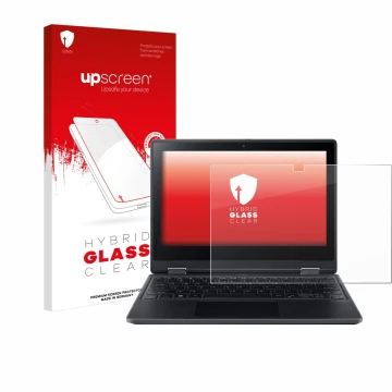 Parte frontal de un envase de producto con el logotipo de la marca upscreen. Al lado se muestra el dispositivo Acer TravelMate