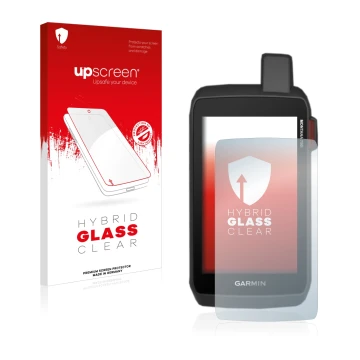 Parte frontal de un envase de producto con el logotipo de la marca upscreen. Al lado se muestra el dispositivo Garmin Montana 