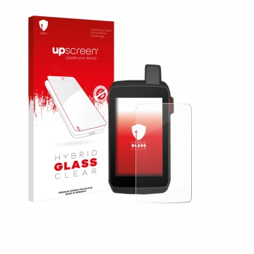 Parte frontal de un envase de producto con el logotipo de la marca upscreen. Al lado se muestra el dispositivo Garmin Montana 