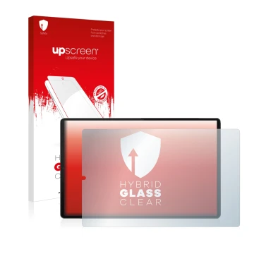 Parte frontal de un envase de producto con el logotipo de la marca upscreen. Al lado se muestra el dispositivo Lenovo Tab M10 