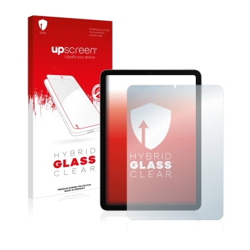 Parte frontal de un envase de producto con el logotipo de la marca upscreen. Al lado se muestra el dispositivo Apple iPad Air 