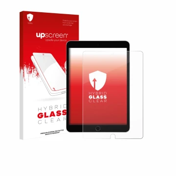 Parte frontal de un envase de producto con el logotipo de la marca upscreen. Al lado se muestra el dispositivo Apple iPad 10.2