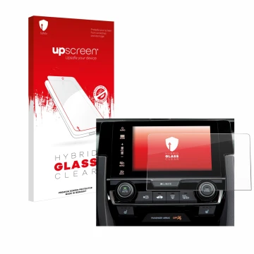 Parte frontal de un envase de producto con el logotipo de la marca upscreen. Al lado se muestra el dispositivo Honda Civic 202