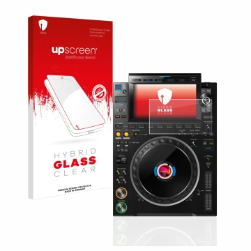 Parte frontal de un envase de producto con el logotipo de la marca upscreen. Al lado se muestra el dispositivo Pioneer CDJ 300