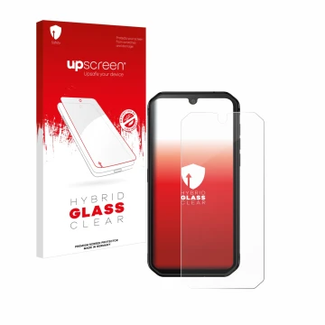 Parte frontal de un envase de producto con el logotipo de la marca upscreen. Al lado se muestra el dispositivo Blackview BV990