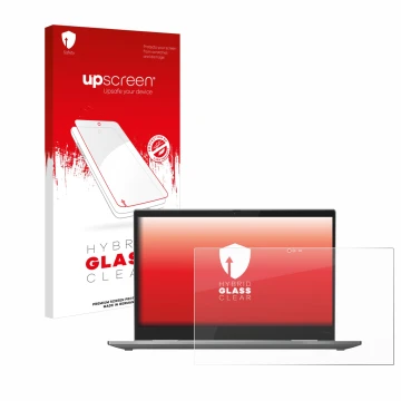 Parte frontal de un envase de producto con el logotipo de la marca upscreen. Al lado se muestra el dispositivo Lenovo ThinkPad