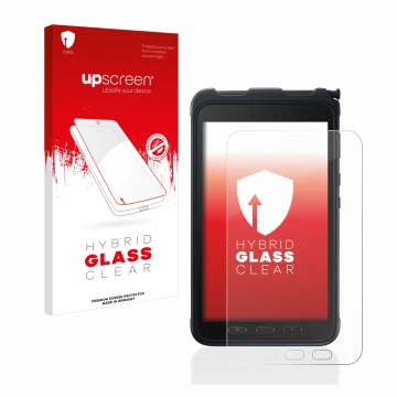 Parte frontal de un envase de producto con el logotipo de la marca upscreen. Al lado se muestra el dispositivo Samsung Galaxy 