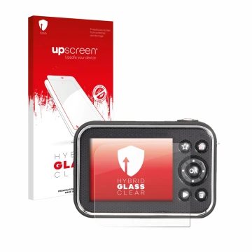 Parte frontal de un envase de producto con el logotipo de la marca upscreen. Al lado se muestra el dispositivo Vtech Kidizoom 