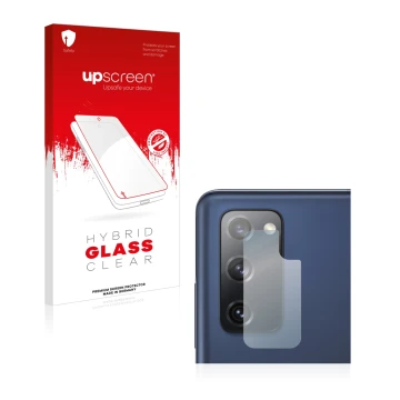 Parte frontal de un envase de producto con el logotipo de la marca upscreen. Al lado se muestra el dispositivo Samsung Galaxy 