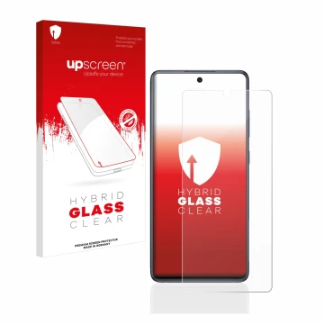 Parte frontal de un envase de producto con el logotipo de la marca upscreen. Al lado se muestra el dispositivo Samsung Galaxy 