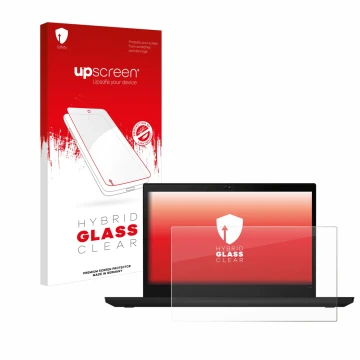 Parte frontal de un envase de producto con el logotipo de la marca upscreen. Al lado se muestra el dispositivo Lenovo ThinkPad