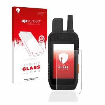Parte frontal de un envase de producto con el logotipo de la marca upscreen. Al lado se muestra el dispositivo Garmin Alpha 20
