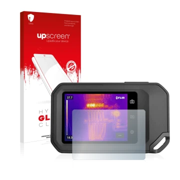 Parte frontal de un envase de producto con el logotipo de la marca upscreen. Al lado se muestra el dispositivo Flir C5 con su 