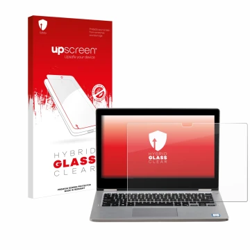 Parte frontal de un envase de producto con el logotipo de la marca upscreen. Al lado se muestra el dispositivo Dell Latitude 3
