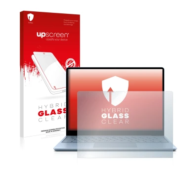 Parte frontal de un envase de producto con el logotipo de la marca upscreen. Al lado se muestra el dispositivo Microsoft Surfa