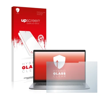 Parte frontal de un envase de producto con el logotipo de la marca upscreen. Al lado se muestra el dispositivo Dell Latitude 7