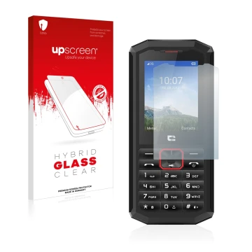 Parte frontal de un envase de producto con el logotipo de la marca upscreen. Al lado se muestra el dispositivo Crosscall Spide