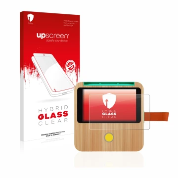 Parte frontal de un envase de producto con el logotipo de la marca upscreen. Al lado se muestra el dispositivo tigerbox Touch 