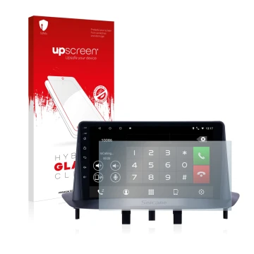 Parte frontal de un envase de producto con el logotipo de la marca upscreen. Al lado se muestra el dispositivo Pioneer AVH-Z52