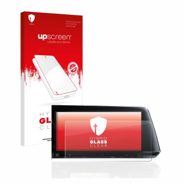 Parte frontal de un envase de producto con el logotipo de la marca upscreen. Al lado se muestra el dispositivo Volkswagen Golf