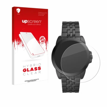 Parte frontal de un envase de producto con el logotipo de la marca upscreen. Al lado se muestra el dispositivo Fossil Gen 5E c