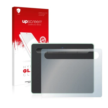 Parte frontal de un envase de producto con el logotipo de la marca upscreen. Al lado se muestra el dispositivo Wacom Intuos S 