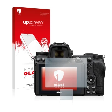 Parte frontal de un envase de producto con el logotipo de la marca upscreen. Al lado se muestra el dispositivo Nikon Z 7 II co