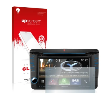 Parte frontal de un envase de producto con el logotipo de la marca upscreen. Al lado se muestra el dispositivo Kenwood DNX518V