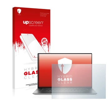 Parte frontal de un envase de producto con el logotipo de la marca upscreen. Al lado se muestra el dispositivo Dell XPS 15 950