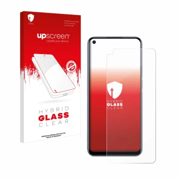 Parte frontal de un envase de producto con el logotipo de la marca upscreen. Al lado se muestra el dispositivo realme Q2 con s